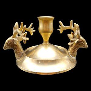 Polished Brass Deer Candle Stick Holder 7" Large Buck Reindeer Antlers Christmas